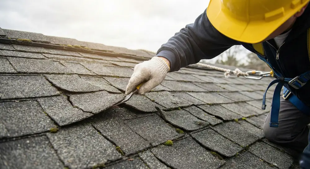 roof inspector checking damaged roof shingles